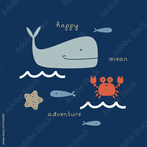 tee print design with cute whale and crab drawing as vector
