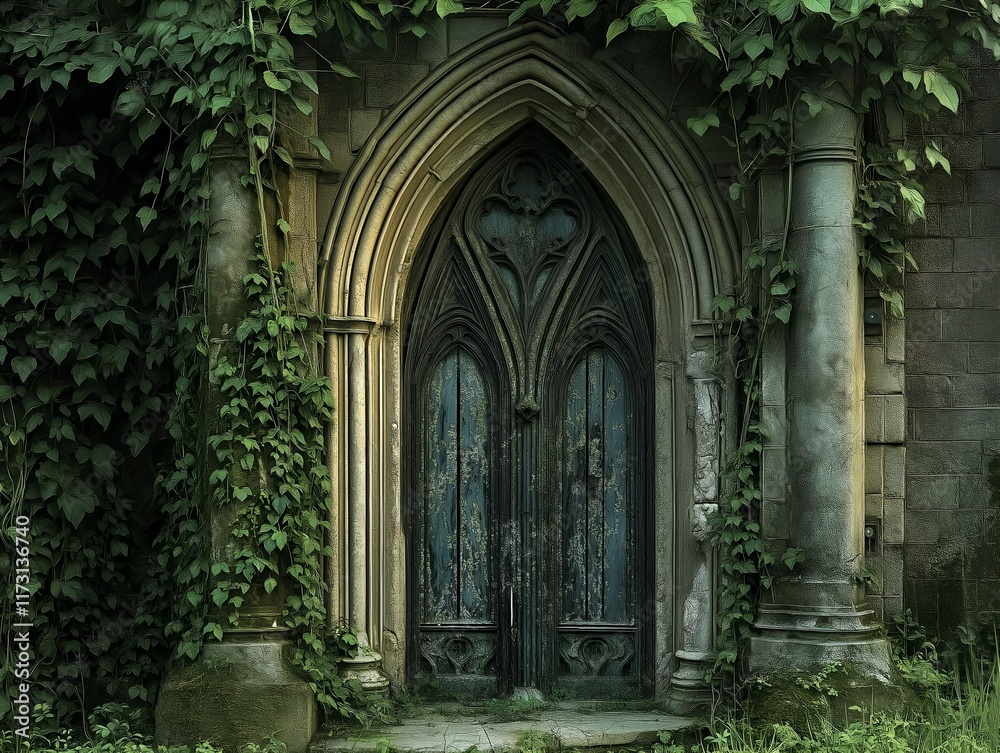 overgrown gothic arched doorway, dark and moody ambiance. overgrown gothic arched doorway, dark and moody ambiance.