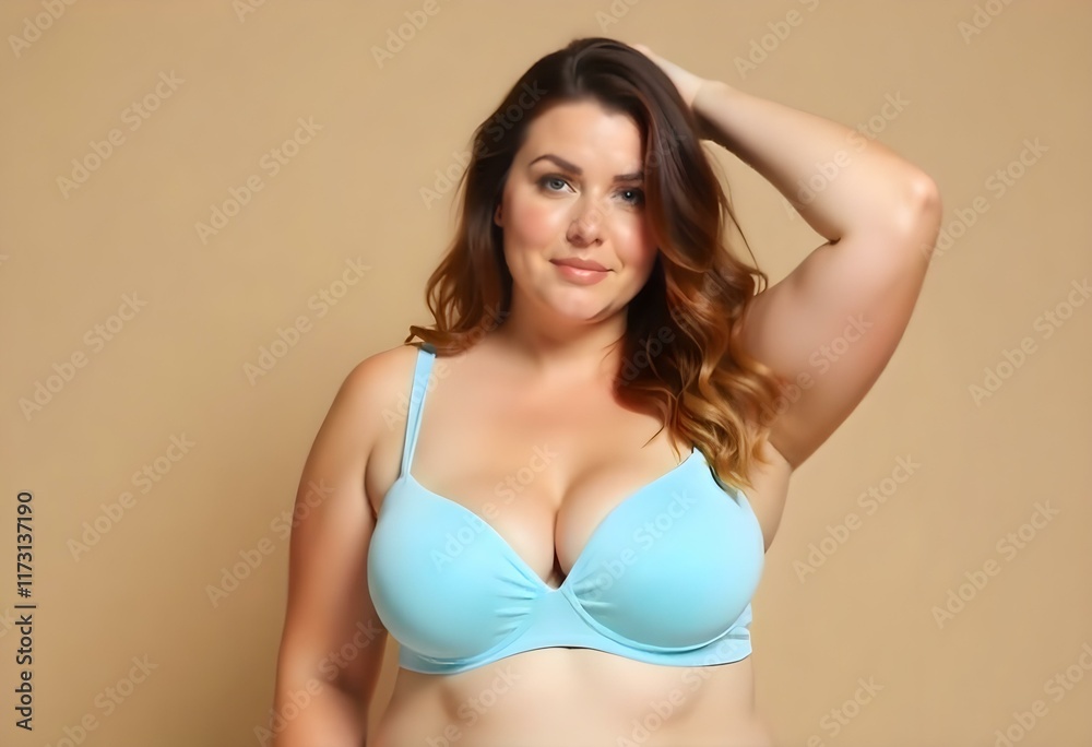 Obraz premium Caucasian plus size model, light blue bra, arm raised, beige bg, copy 