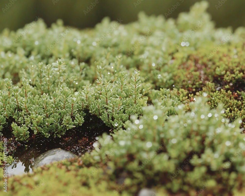 Obraz premium Dew-covered moss and plants on rock.