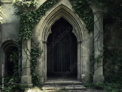 gothic arched doorway overgrown with ivy, dark and mysterious.