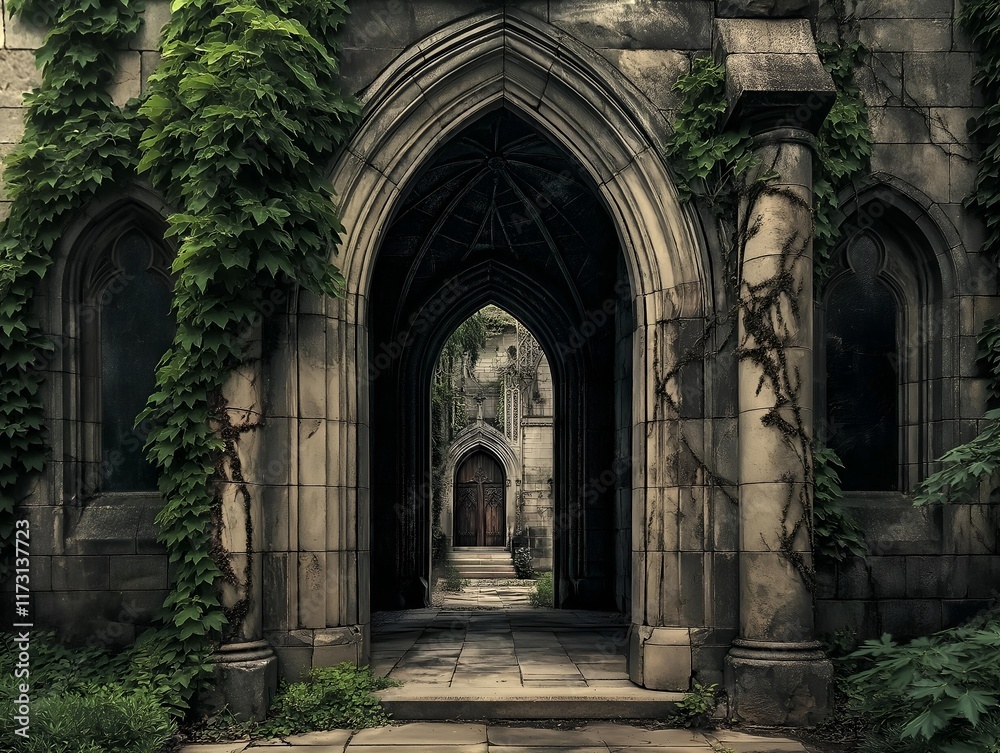 gothic archway entrance, stone and ivy. gothic archway entrance, stone and ivy.