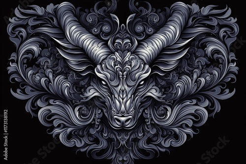 Intricate, dark gray ornate frame encloses a stylized ram's head, creating a symmetrical, artistic design. photo