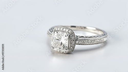 Elegant diamond engagement ring with a princess cut stone set in white gold displayed against a neutral background