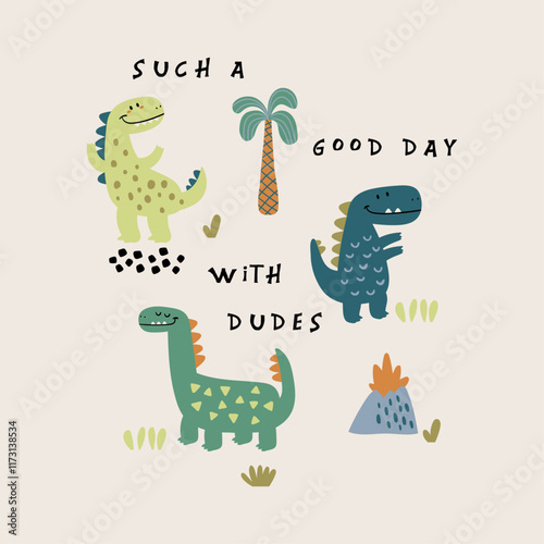textile print design as vector with cute dinosaurs drawing