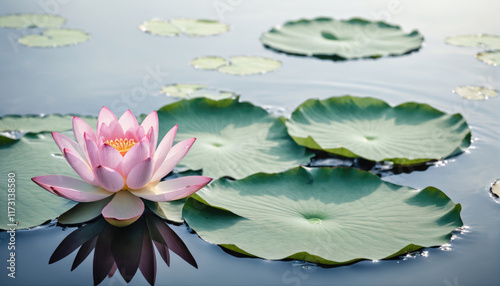 Beautiful pink lotus flower blooming on serene water surface surrounded by green lily pads at dawn