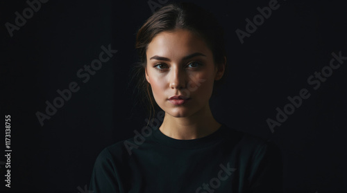 Portrait of a young woman with a serious expression against a dark background