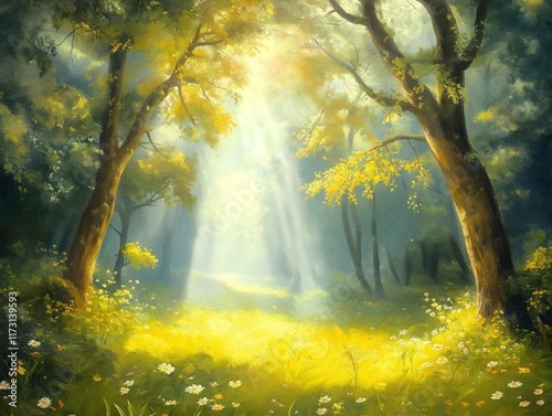 a forest with soft light shining through trees, creating a bright and magical outdoor landscape and setting. photo