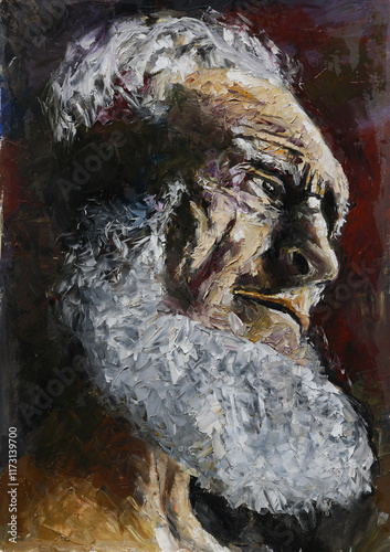 Portrait of an old sad man. Oil painting of a dark emotional man with a colorful beard	