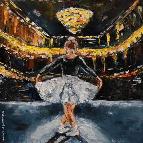 Young ballerina in a ballet dress and pointe. Modern colorful oil painting.	
