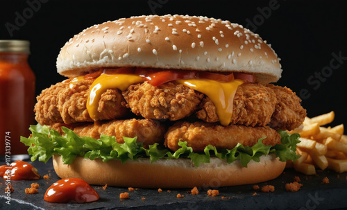 Delicious chicken burger with crispy patties, melted cheese, fresh lettuce, and fries served on a dark backdrop photo