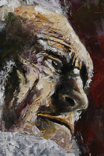 Portrait of an old sad man. Oil painting of a dark emotional man with a colorful beard	