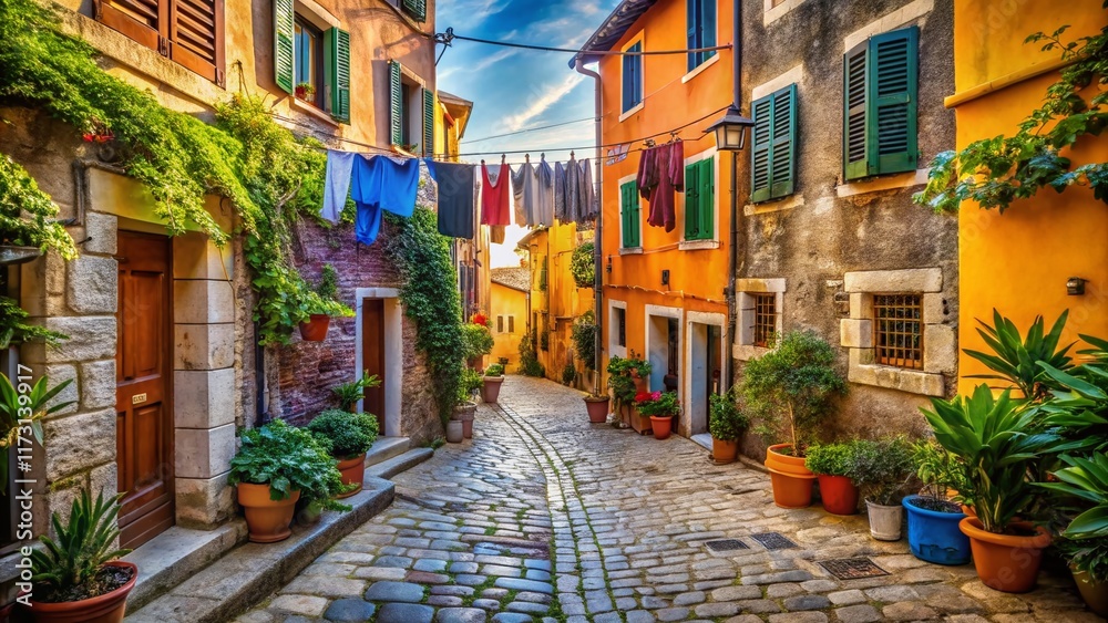 Fototapeta premium Charming Medieval Croatian Coastal Town: Quiet Back Street in Rovinj, Istria