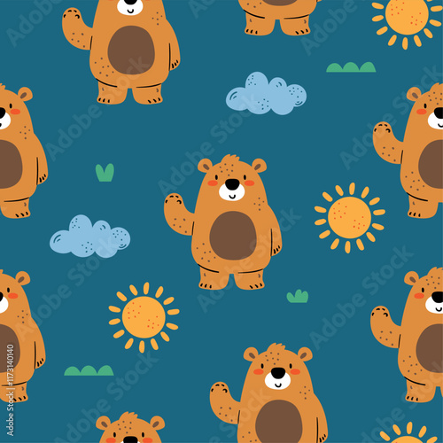 pattern design for baby fashion with cute camper bear drawing as vector