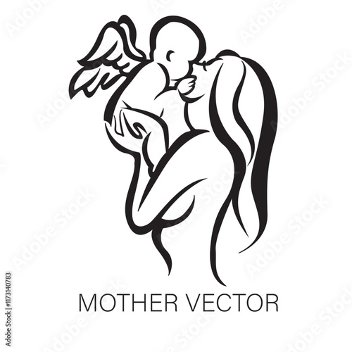 Handdrawn line art style mom and baby illustration art.