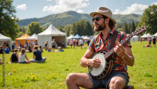 Banjo player enjoying folk festival in sunny field, cultural celebration photo