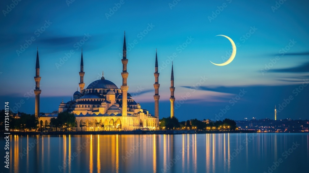 Naklejka premium A serene twilight scene featuring a mosque and crescent moon over a calm water body.