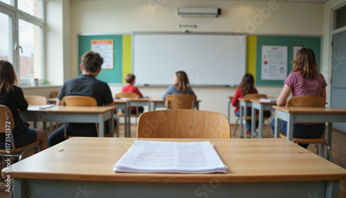 Empty exam desk in school hall during tests, focus on anticipation