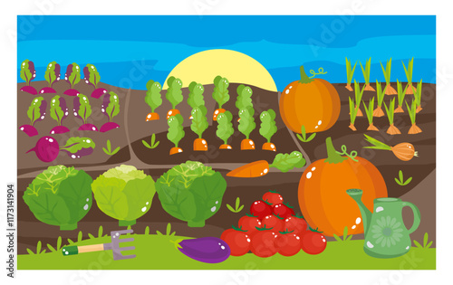 Farmer's garden with carrots, cabbage, beets, onions, pumpkins, tomatoes, watering can and rake on a blue sky background, vector illustration
