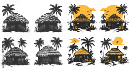 Beach hut and palm tree silhouettes vector, Beautiful tropical beach hut and palm tree silhouettes, Tropical beach huts with palm trees and sunsets silhouettes, Tropical cottages silhouettes