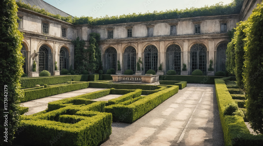 Fototapeta premium Elegant garden courtyard with lush hedges and stone features in a historic location under sunlight