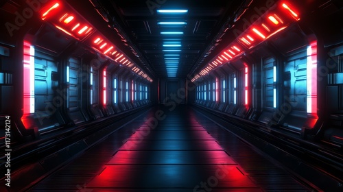 Wallpaper Mural A futuristic corridor illuminated by vibrant red and blue lights, with sleek metallic walls reflecting the glowing ambiance. Torontodigital.ca