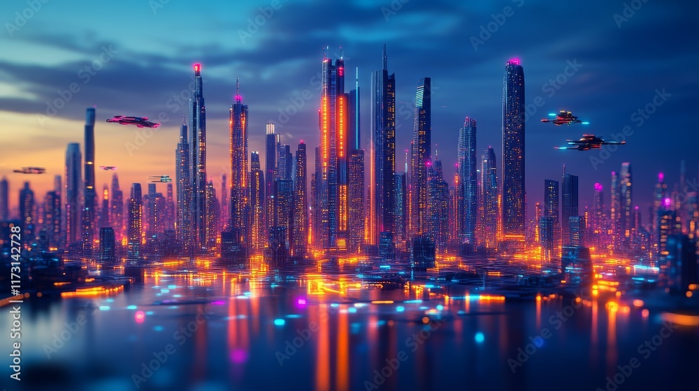Fototapeta premium A futuristic city skyline illuminated by colorful lights, showcasing tall skyscrapers and flying vehicles against a twilight sky.