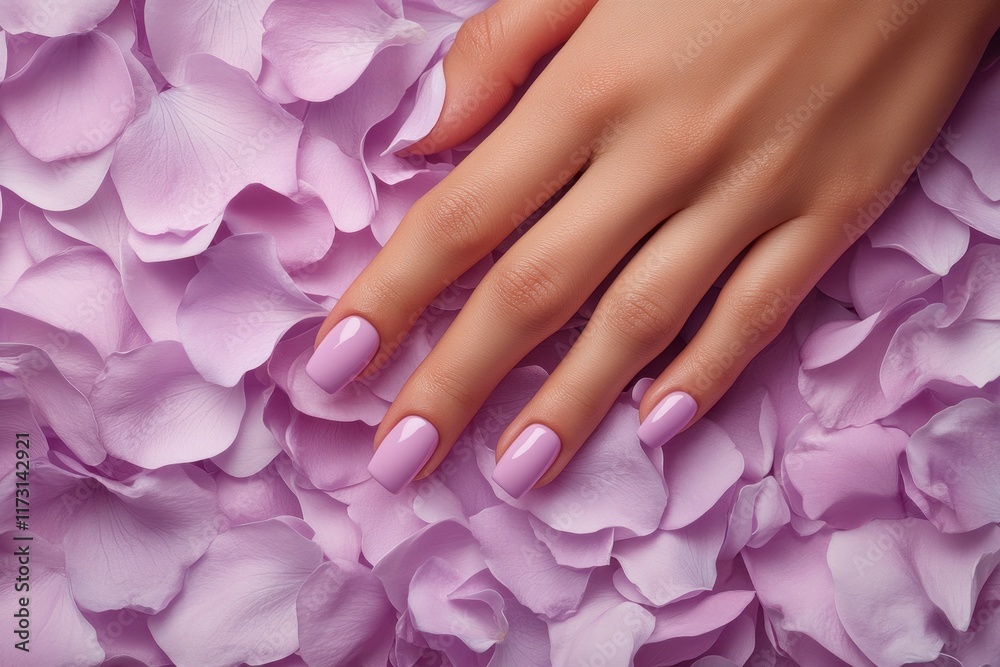 Fototapeta premium Woman's hand with pastel purple nails rests on lilac petals. Perfect for beauty, spa, and nail salon promotions; evokes calmness and elegance.