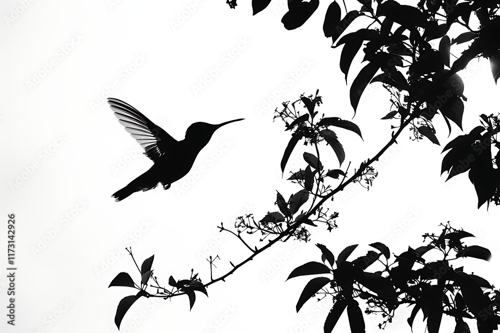 Naklejka premium Silhouette of a hummingbird hovering on a white background