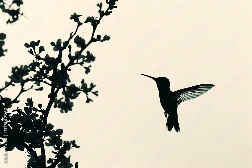 Fototapeta premium Silhouette of a hummingbird hovering on a white background