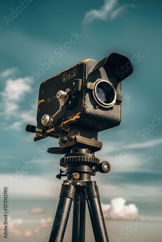 Old camera on a wooden tripod