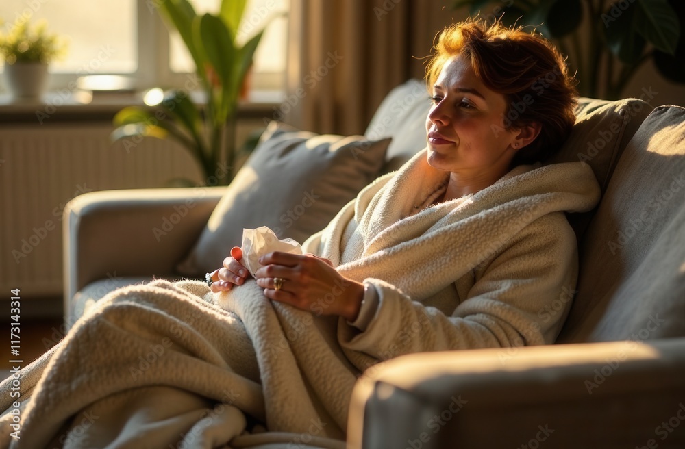 Obraz premium a person wrapped in a cozy blanket with tissues, sitting on a sofa in a living room