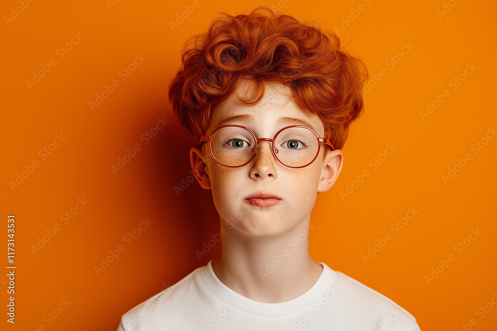 Red-haired boy with glasses poses thoughtfully against a vibrant orange background Red-haired boy with glasses poses thoughtfully against a vibrant orange background