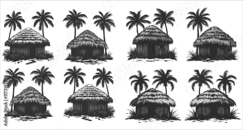 Beach hut and palm tree silhouettes vector, Beautiful tropical beach hut and palm tree silhouettes, Tropical beach huts with palm trees and sunsets silhouettes, Tropical cottages silhouettes