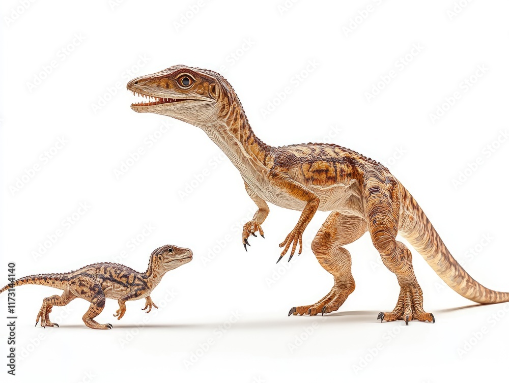 Obraz premium Two dinosaurs depicted in a realistic style, showcasing their features and size difference.