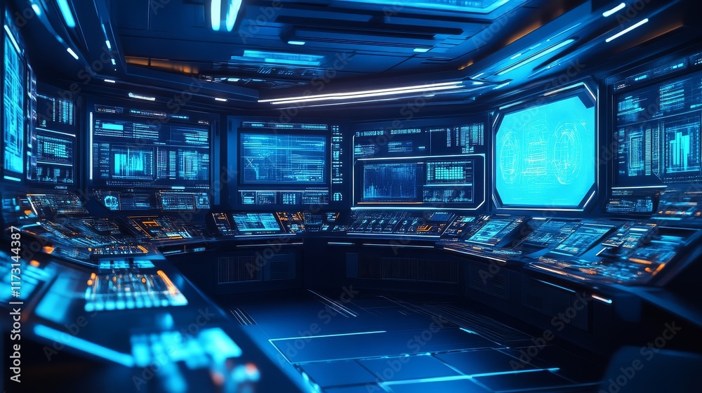 A futuristic control room filled with glowing blue screens, panels, and advanced technology, creating a high-tech atmosphere. A futuristic control room filled with glowing blue screens, panels, and advanced technology, creating a high-tech atmosphere.