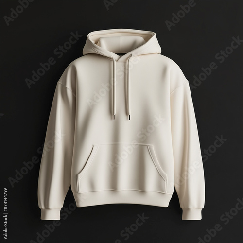 blank cream hoodie mockup floating on solid black studio background, 3d hoodie. Ai generated images.