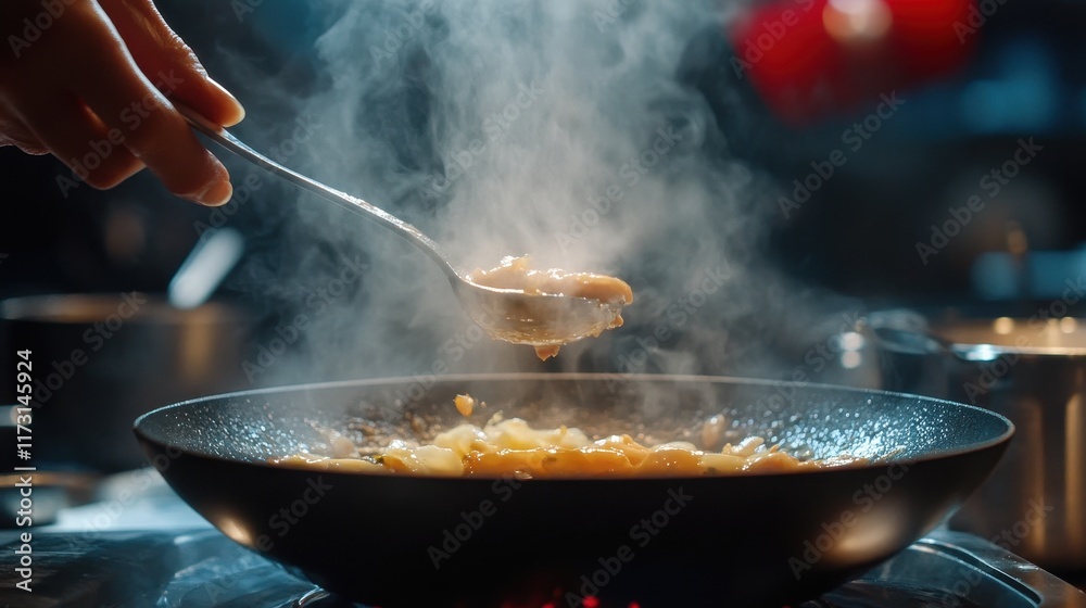 Steaming spoonful of delicious, cooked food over a pan. Perfect for illustrating culinary blogs, recipe websites, or food-related content. Steaming spoonful of delicious, cooked food over a pan. Perfect for illustrating culinary blogs, recipe websites, or food-related content.