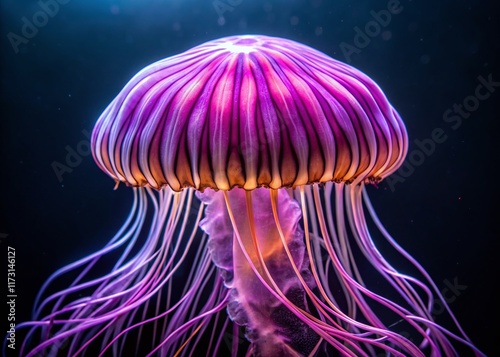 Close-up Mauve Stinger Jellyfish, Pelagia noctiluca, Floating in Shallow Water at Night photo