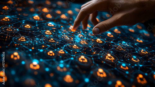 closeup of futuristic digital interface with glowing blue and orange elements representing advanced technology artificial intelligence and data networking concept