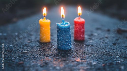 hree colorful candles burning brightly on dark textured surface photo