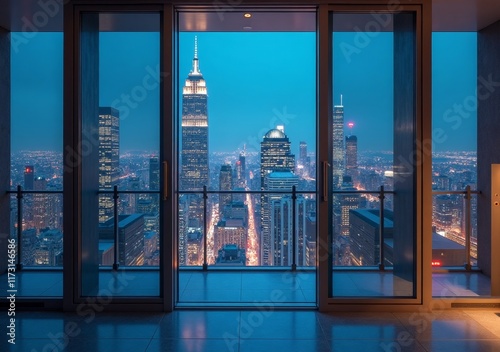 City skyline view from a modern apartment with stunning evening lights