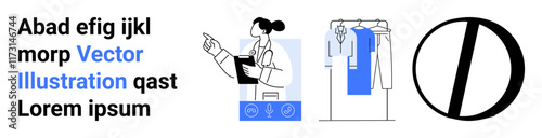 Female scientist holding clipboard with test tubes, clothes hanging on a rack, and a large abstract circle. Ideal for science, fashion, diagrams, infographics, education, publishing art projects