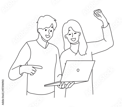 Happy Couple Celebrates Online Casino or Lottery Win with Laptop.  Man and woman together in laptop and rejoice after learning good news. 