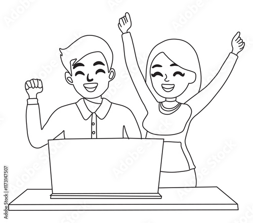 Happy Couple Celebrates Online Casino or Lottery Win with Laptop.  Man and woman together in laptop and rejoice after learning good news. 