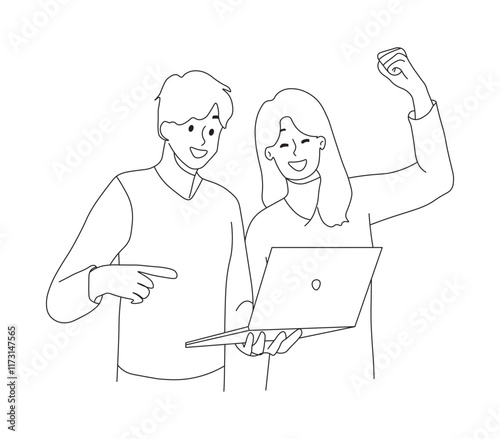 Happy Couple Celebrates Online Casino or Lottery Win with Laptop.  Man and woman together in laptop and rejoice after learning good news. 