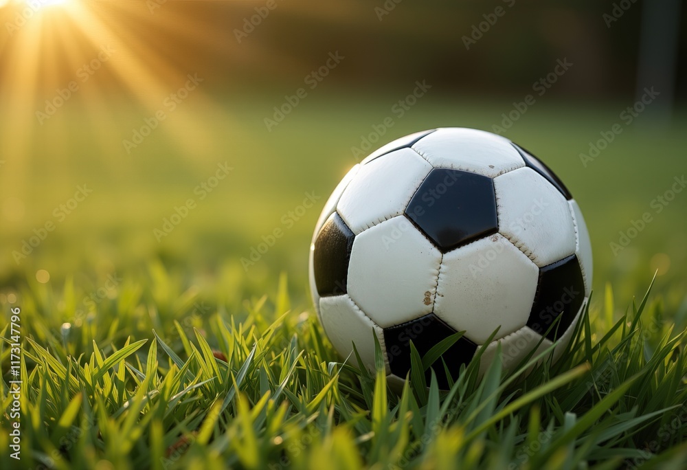 Fototapeta premium Soccer ball resting on grass at sunset