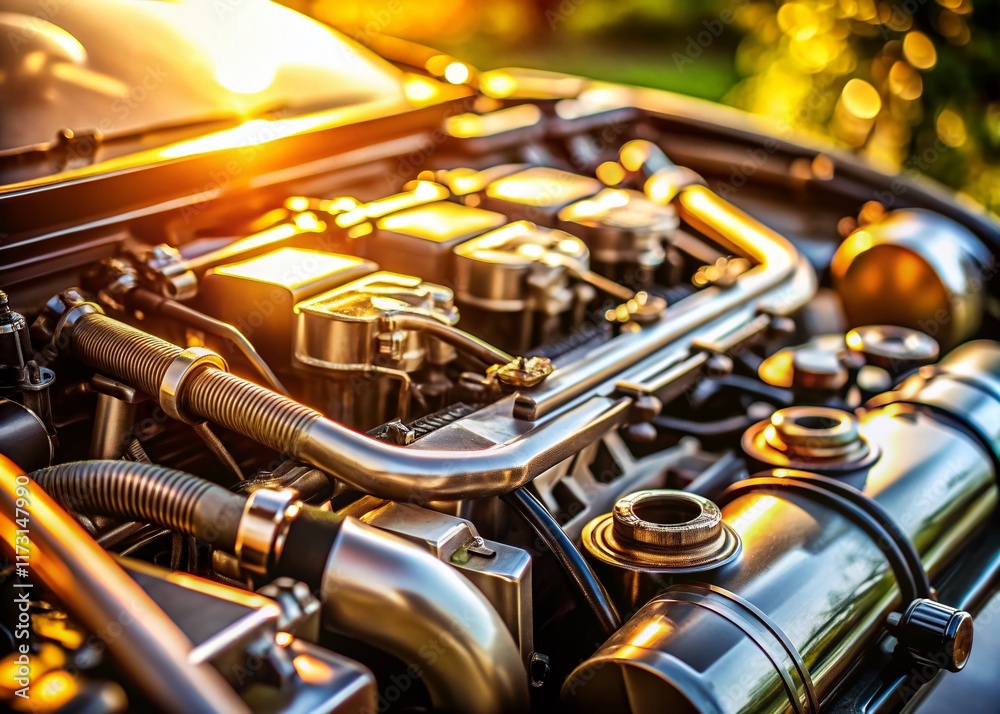 Fototapeta premium Close-up of Gleaming Car Engine Part, Automotive Detail, Mechanical Precision, Industrial Landscape