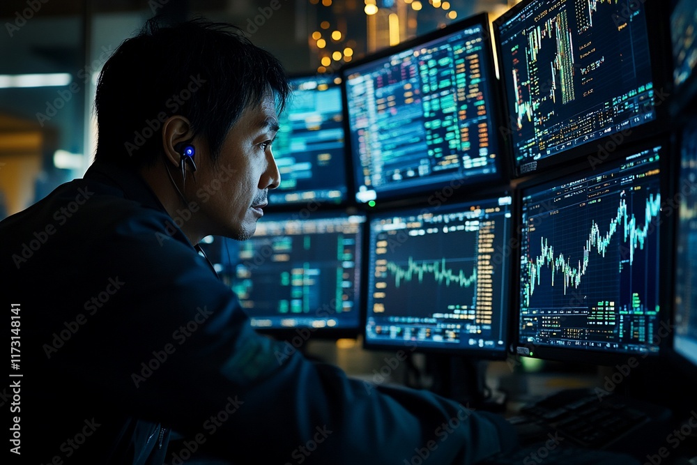 A man focused on multiple computer screens displaying financial data. A man focused on multiple computer screens displaying financial data.