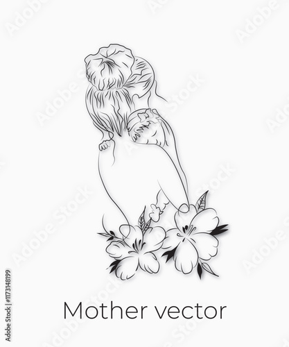 Handdrawn line art style mom and baby illustration art.